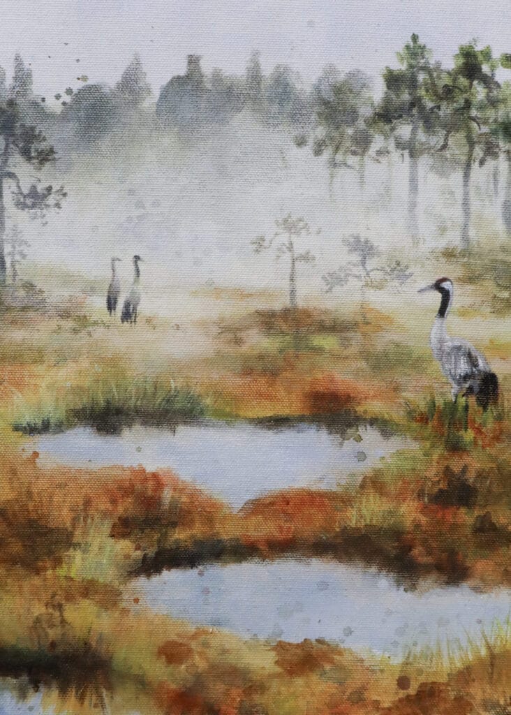 Kurjet sumuisessa maisemassa