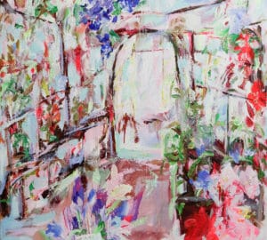 Värikäs puutarha maalaus kukilla