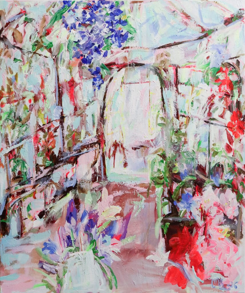 Värikäs puutarha maalaus kukilla