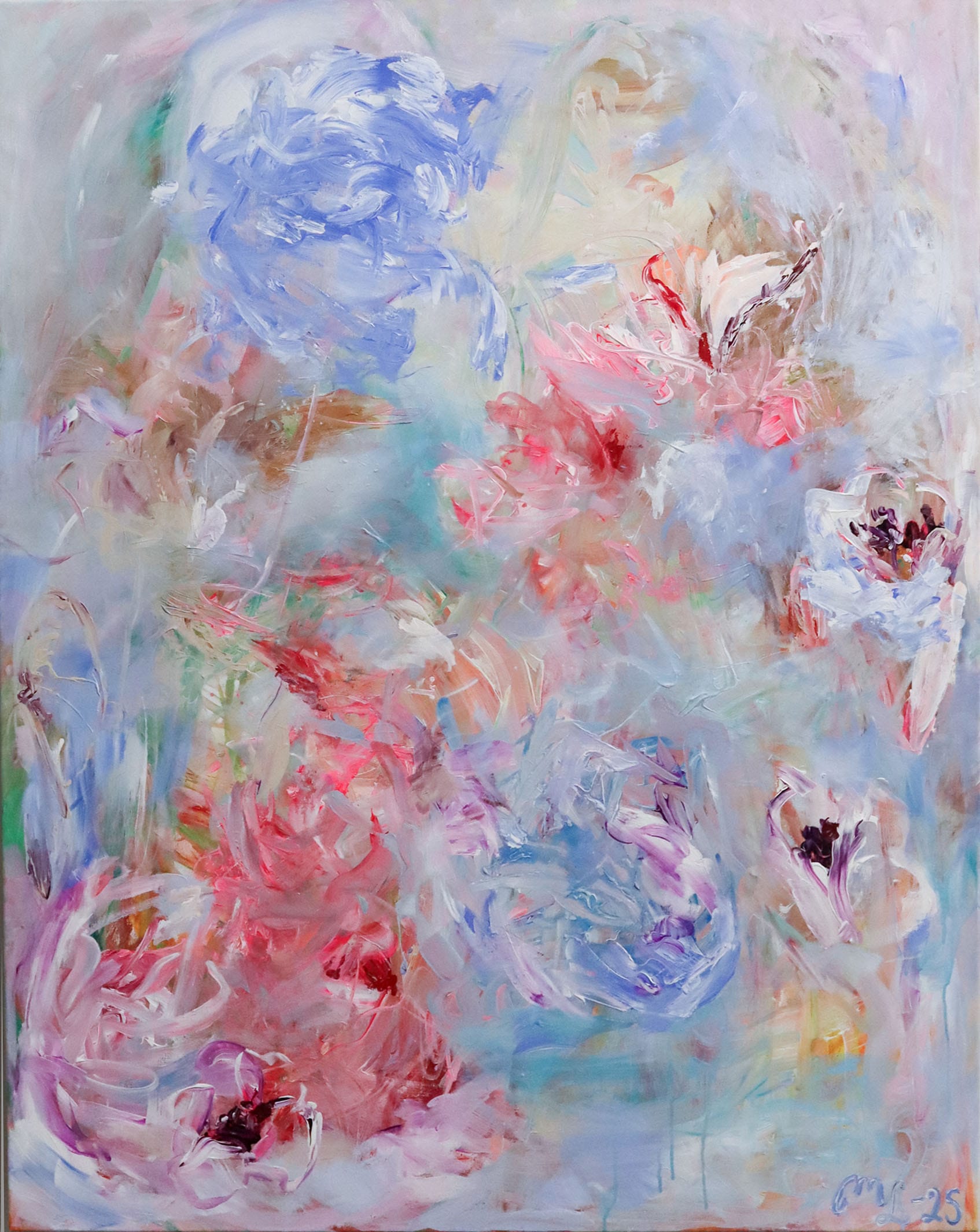 Värikäs abstrakti kukkamaalaus pastellisävyissä