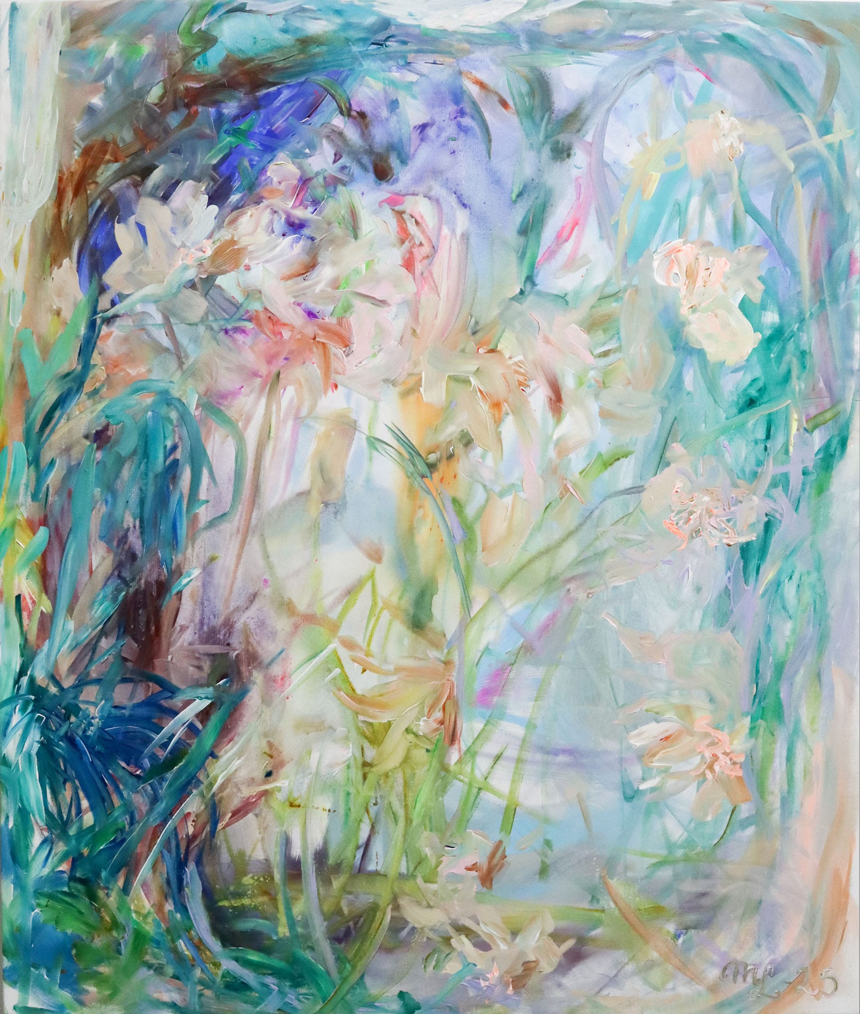 Abstrakti kukkamaalaus pastelliväreissä