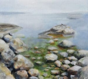 Maisemamaalaus rannasta kivillä