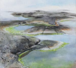 Kalliomaisema ja lapsi rannalla