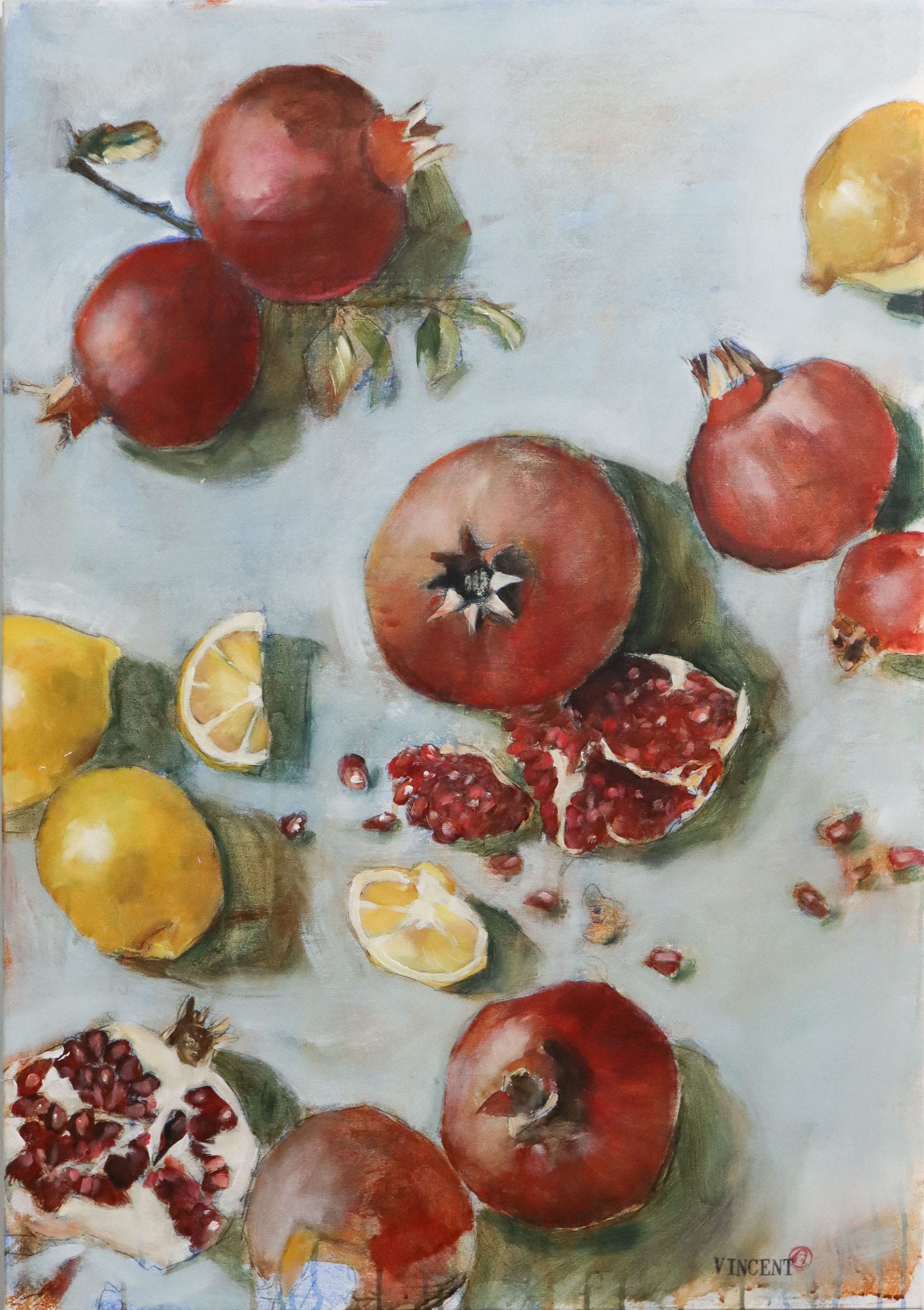 Maalaus granaattiomenista ja sitruunoista