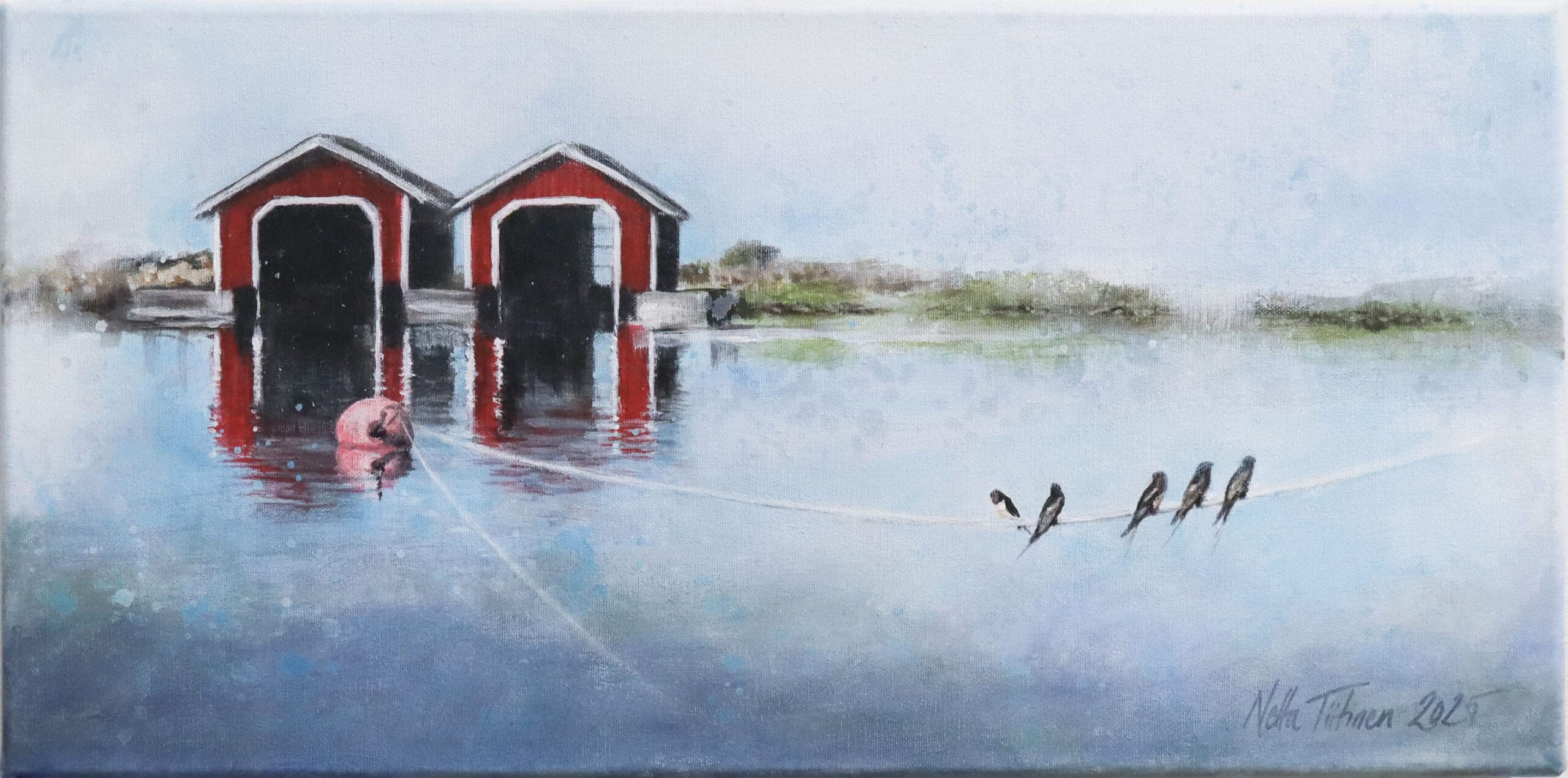 Punaiset venevajat ja linnut langalla