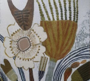 Abstrakti maalaus linnusta ja kukista